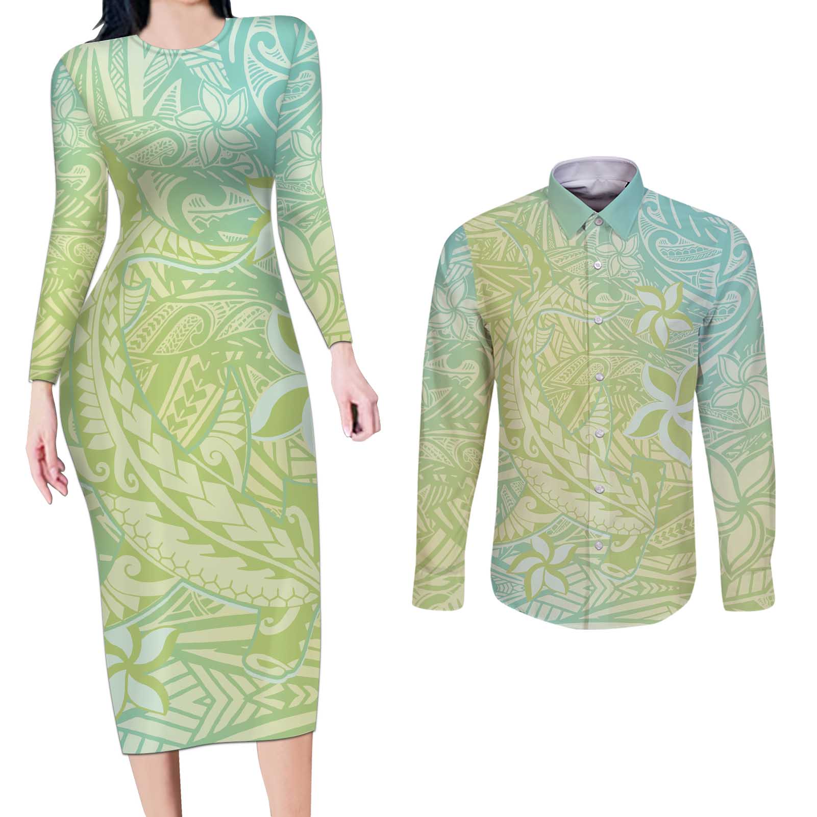 Baby Green Gradient Polynesia Couples Matching Long Sleeve Bodycon Dress and Long Sleeve Button Shirt Hawaiian Tribal Hammerhead Shark Tattoo