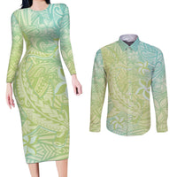 Baby Green Gradient Polynesia Couples Matching Long Sleeve Bodycon Dress and Long Sleeve Button Shirt Hawaiian Tribal Hammerhead Shark Tattoo