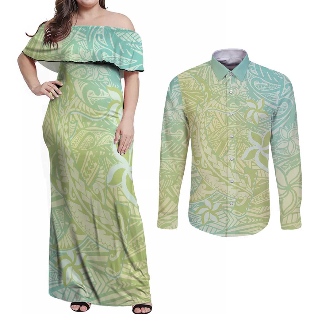 Baby Green Gradient Polynesia Couples Matching Off Shoulder Maxi Dress and Long Sleeve Button Shirt Hawaiian Tribal Hammerhead Shark Tattoo