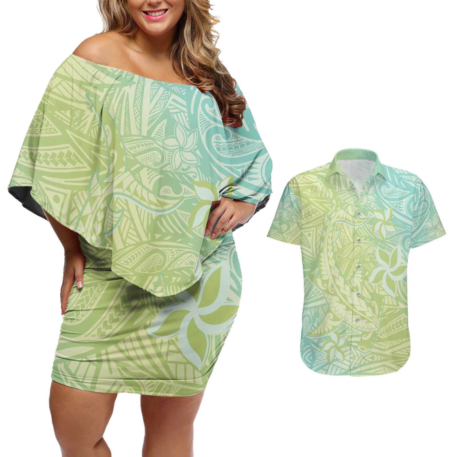 Baby Green Gradient Polynesia Couples Matching Off Shoulder Short Dress and Hawaiian Shirt Hawaiian Tribal Hammerhead Shark Tattoo