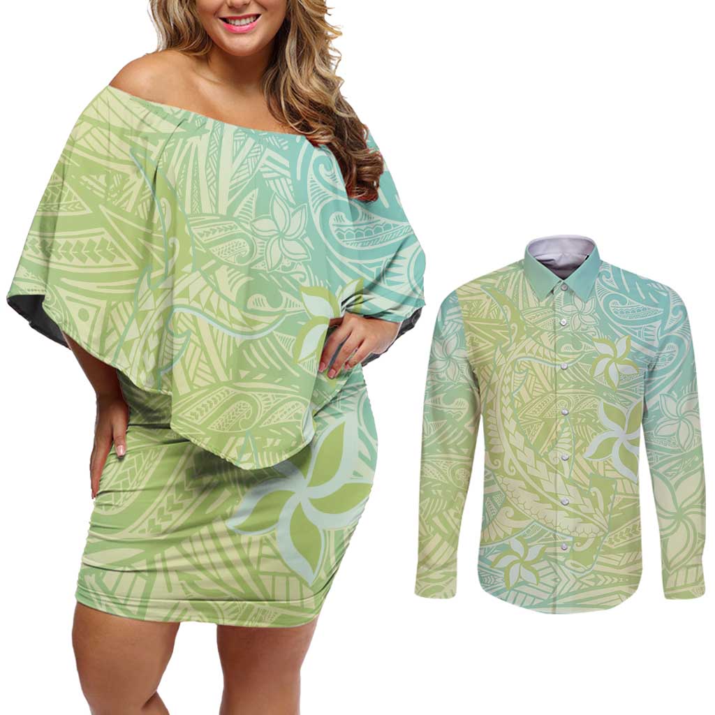 Baby Green Gradient Polynesia Couples Matching Off Shoulder Short Dress and Long Sleeve Button Shirt Hawaiian Tribal Hammerhead Shark Tattoo