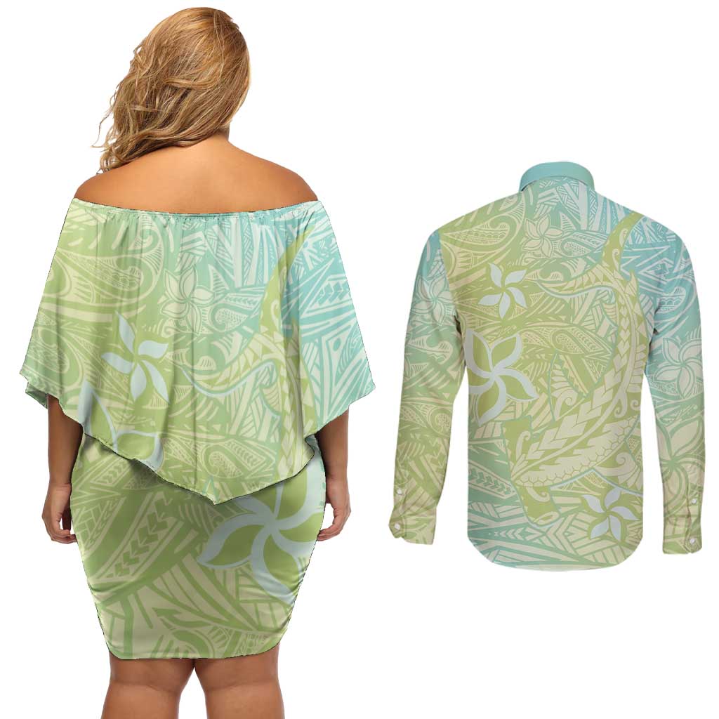 Baby Green Gradient Polynesia Couples Matching Off Shoulder Short Dress and Long Sleeve Button Shirt Hawaiian Tribal Hammerhead Shark Tattoo