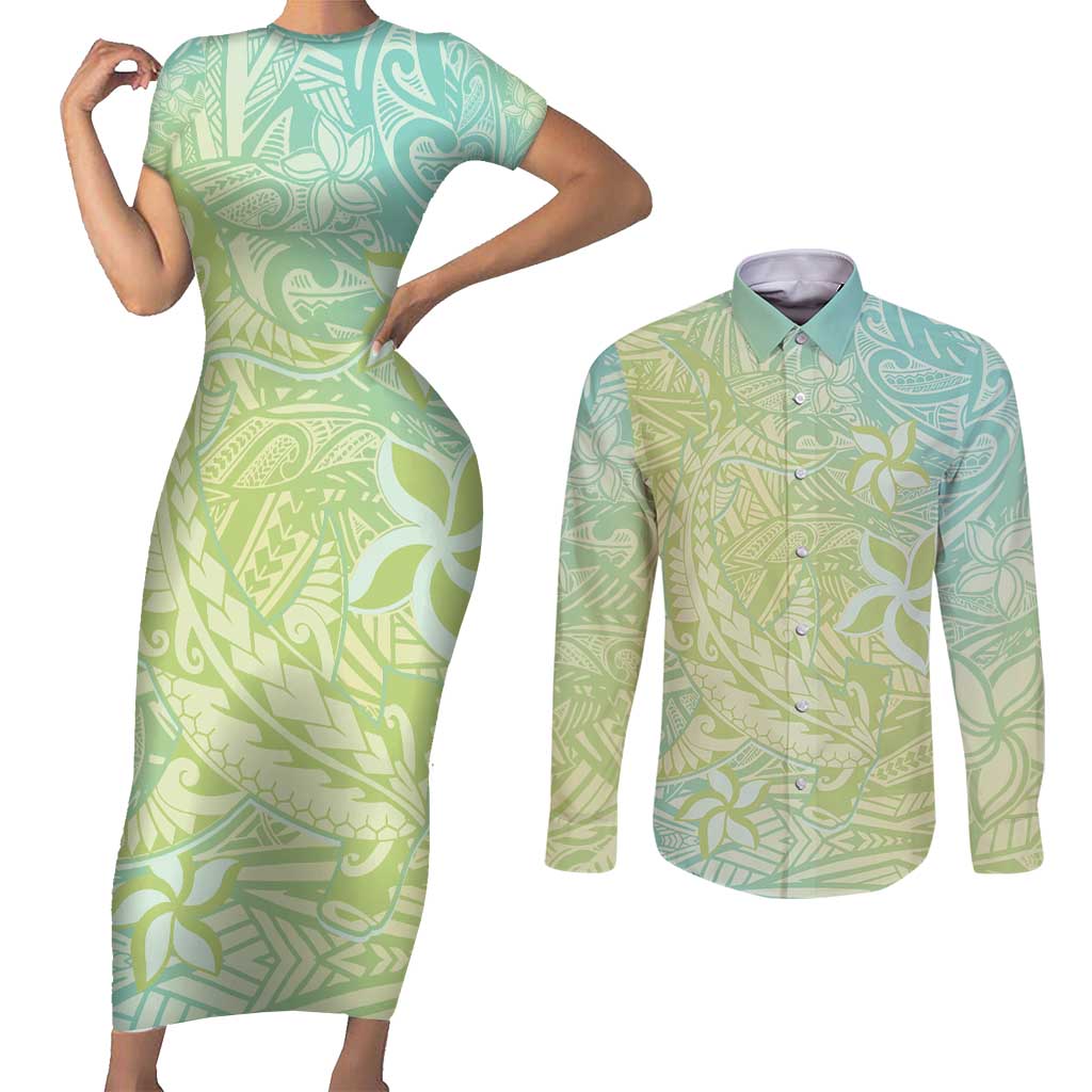Baby Green Gradient Polynesia Couples Matching Short Sleeve Bodycon Dress and Long Sleeve Button Shirt Hawaiian Tribal Hammerhead Shark Tattoo