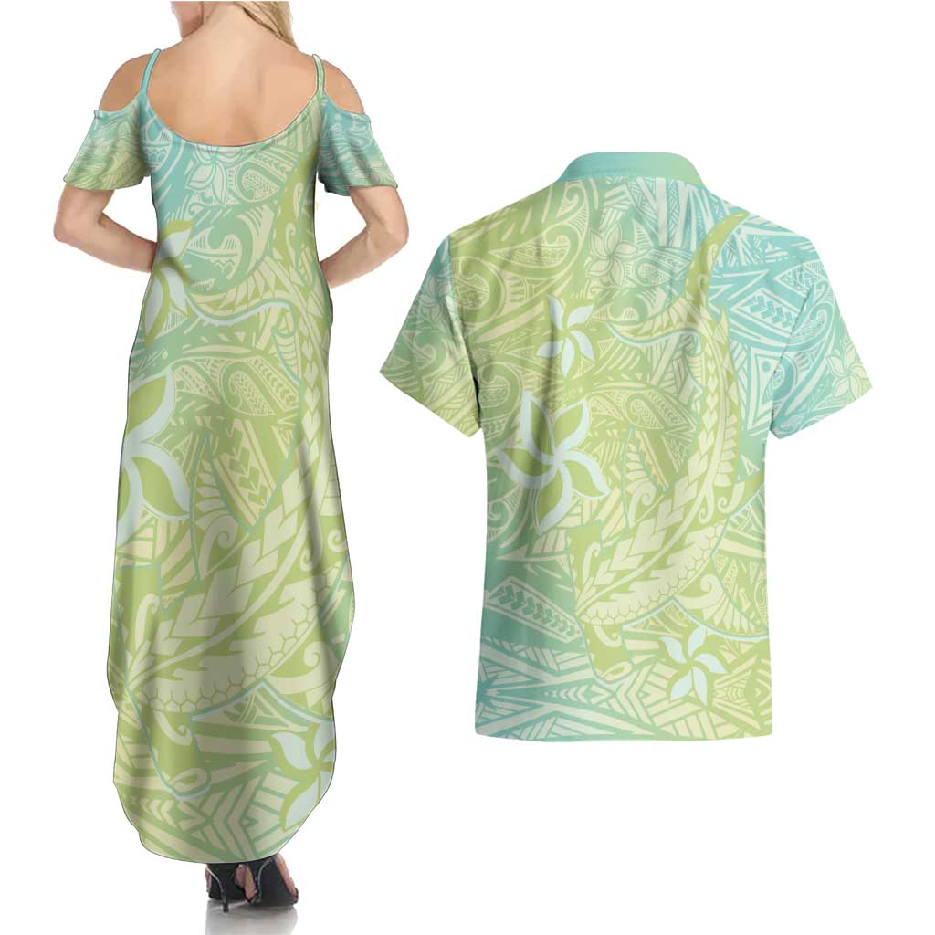 Baby Green Gradient Polynesia Couples Matching Summer Maxi Dress and Hawaiian Shirt Hawaiian Tribal Hammerhead Shark Tattoo
