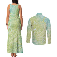 Baby Green Gradient Polynesia Couples Matching Tank Maxi Dress and Long Sleeve Button Shirt Hawaiian Tribal Hammerhead Shark Tattoo