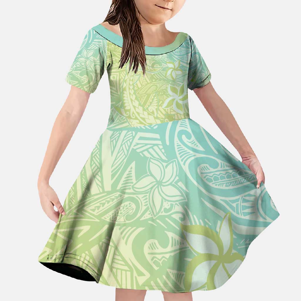 Baby Green Gradient Polynesia Family Matching Long Sleeve Bodycon Dress and Hawaiian Shirt Hawaiian Tribal Hammerhead Shark Tattoo LT14 Daughter's Dress Baby Green - Polynesian Pride