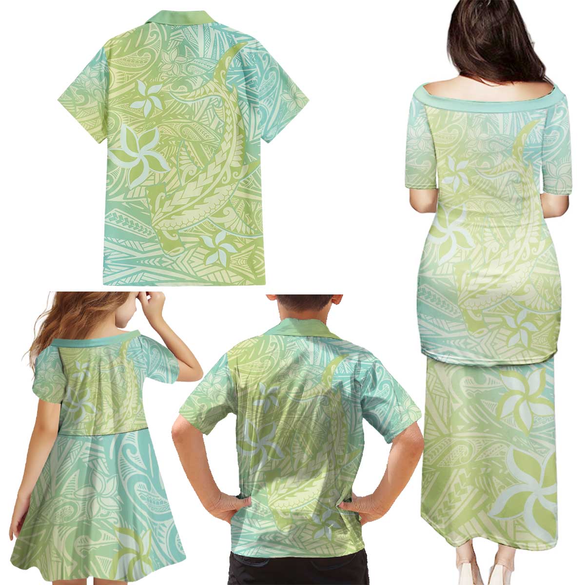 Baby Green Gradient Polynesia Family Matching Puletasi and Hawaiian Shirt Hawaiian Tribal Hammerhead Shark Tattoo LT14 - Polynesian Pride