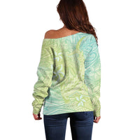 Baby Green Gradient Polynesia Off Shoulder Sweater Hawaiian Tribal Hammerhead Shark Tattoo