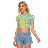 Baby Green Gradient Polynesia Raglan Cropped T Shirt Hawaiian Tribal Hammerhead Shark Tattoo