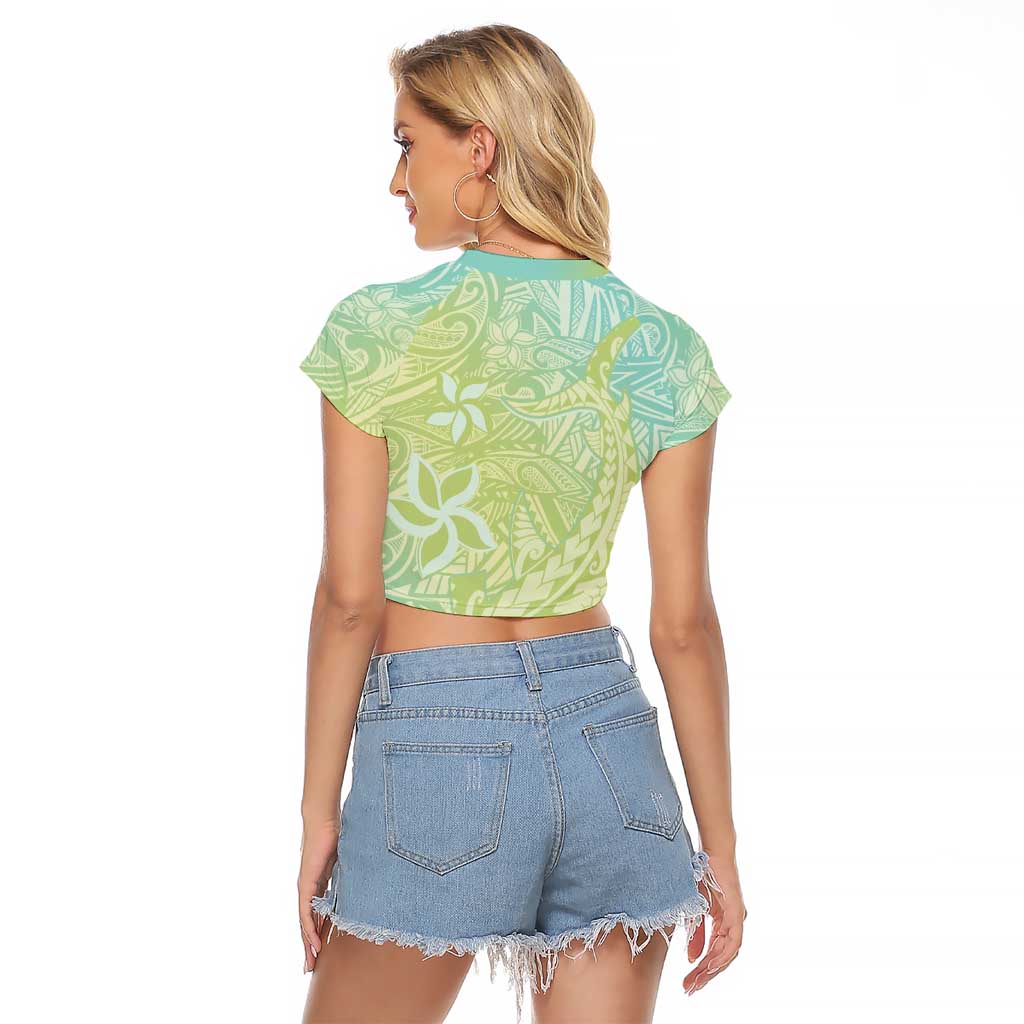 Baby Green Gradient Polynesia Raglan Cropped T Shirt Hawaiian Tribal Hammerhead Shark Tattoo