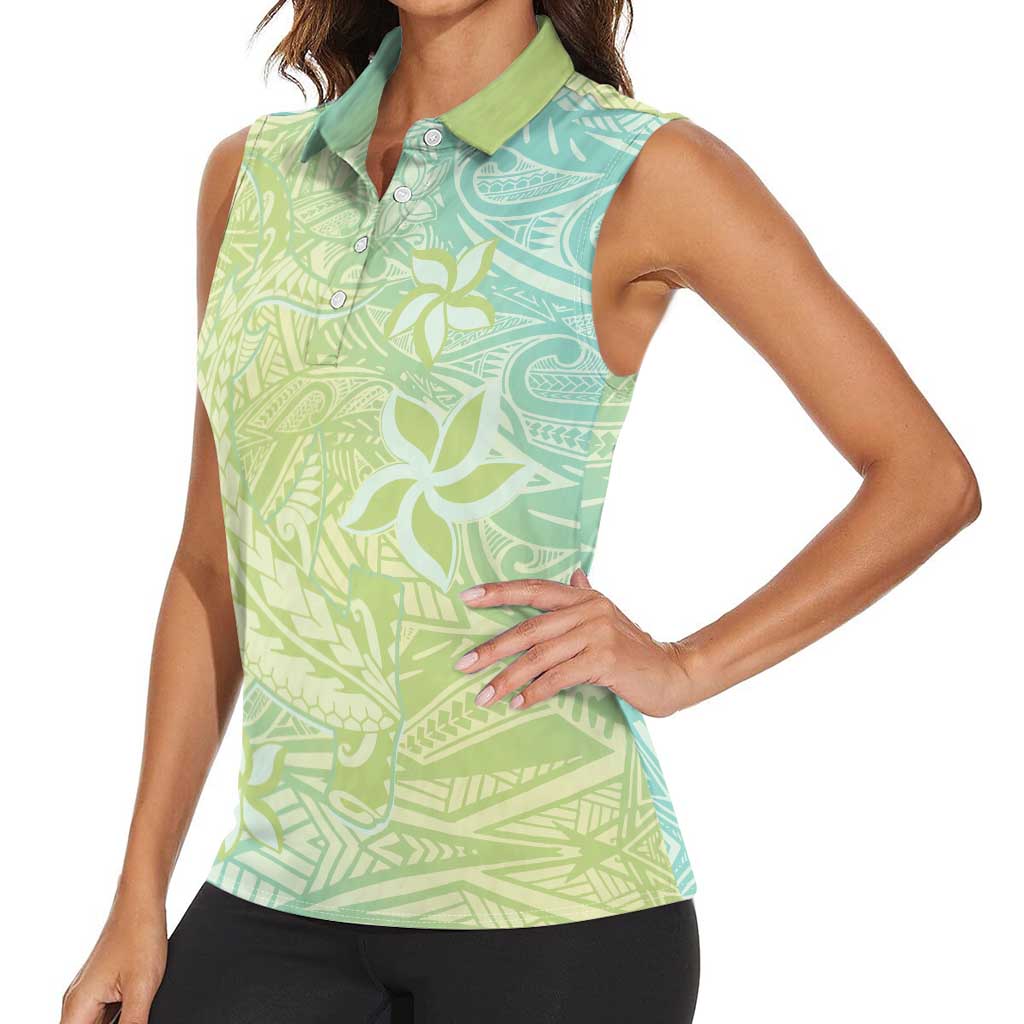 Baby Green Gradient Polynesia Women Sleeveless Polo Shirt Hawaiian Tribal Hammerhead Shark Tattoo