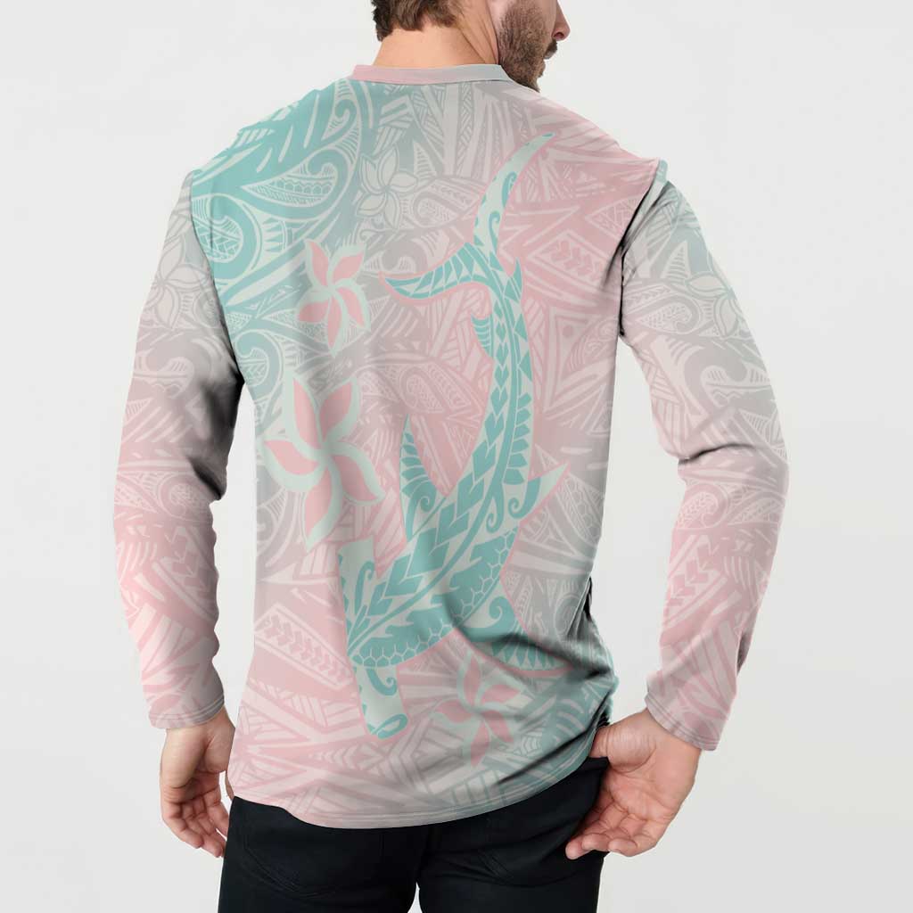 Baby Pink Gradient Polynesia Button Sweatshirt Hawaiian Tribal Hammerhead Shark Tattoo