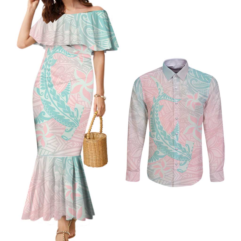 Baby Pink Gradient Polynesia Couples Matching Mermaid Dress and Long Sleeve Button Shirt Hawaiian Tribal Hammerhead Shark Tattoo