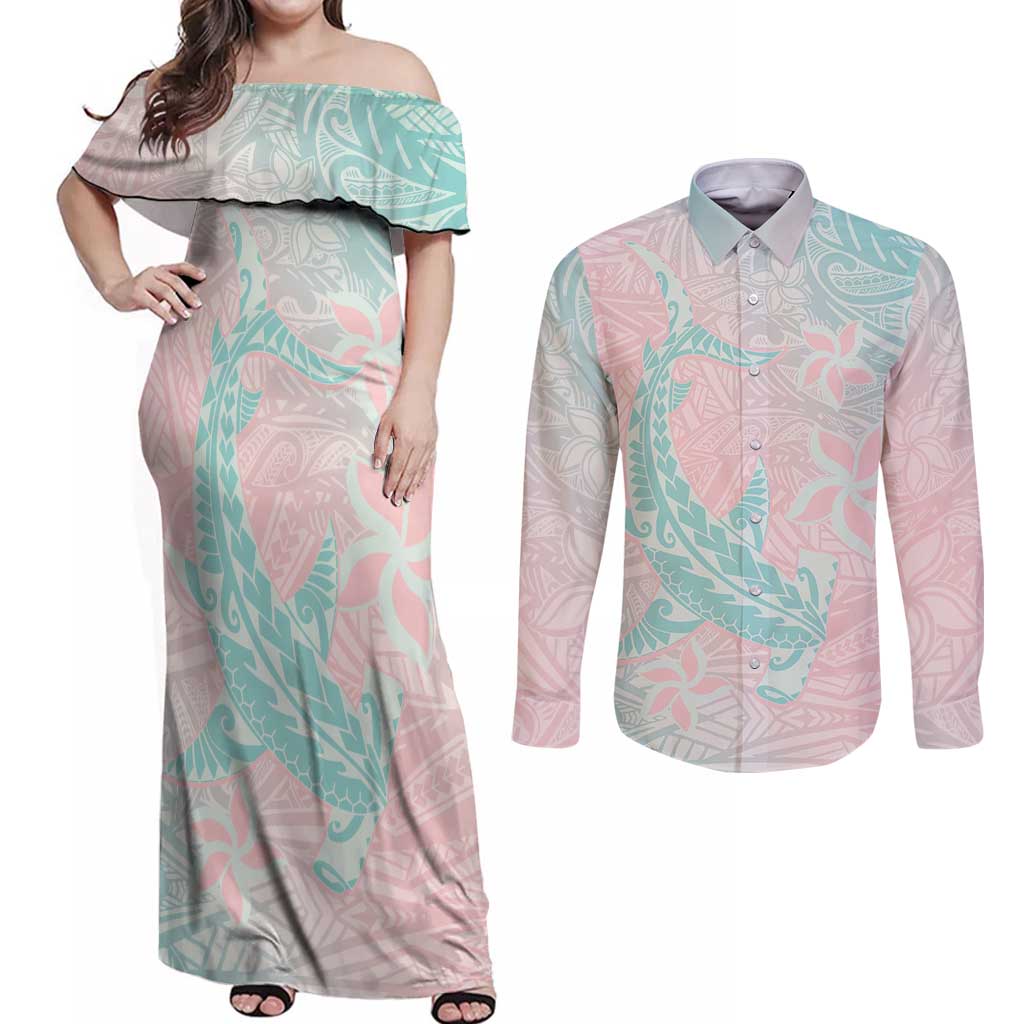 Baby Pink Gradient Polynesia Couples Matching Off Shoulder Maxi Dress and Long Sleeve Button Shirt Hawaiian Tribal Hammerhead Shark Tattoo