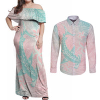 Baby Pink Gradient Polynesia Couples Matching Off Shoulder Maxi Dress and Long Sleeve Button Shirt Hawaiian Tribal Hammerhead Shark Tattoo