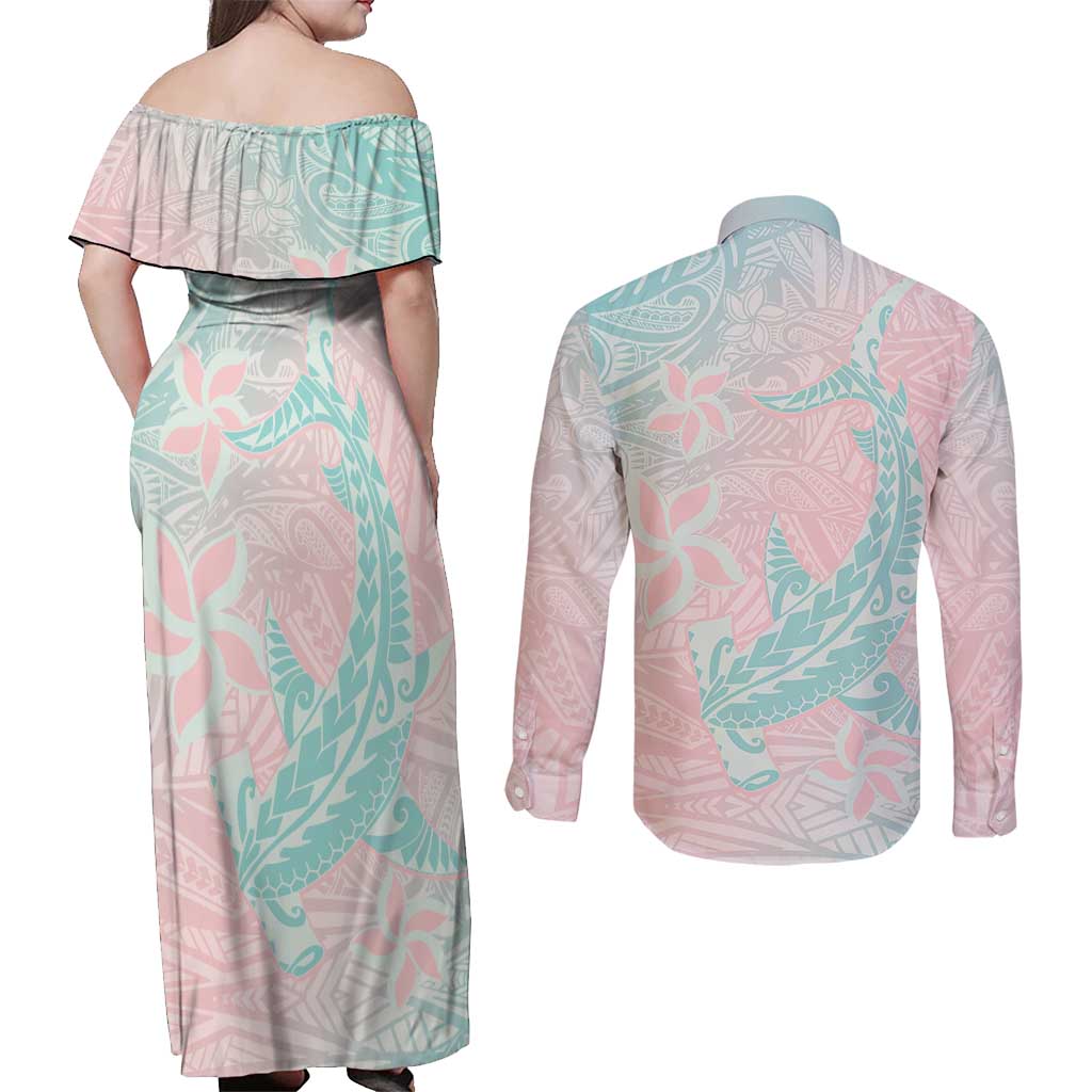 Baby Pink Gradient Polynesia Couples Matching Off Shoulder Maxi Dress and Long Sleeve Button Shirt Hawaiian Tribal Hammerhead Shark Tattoo