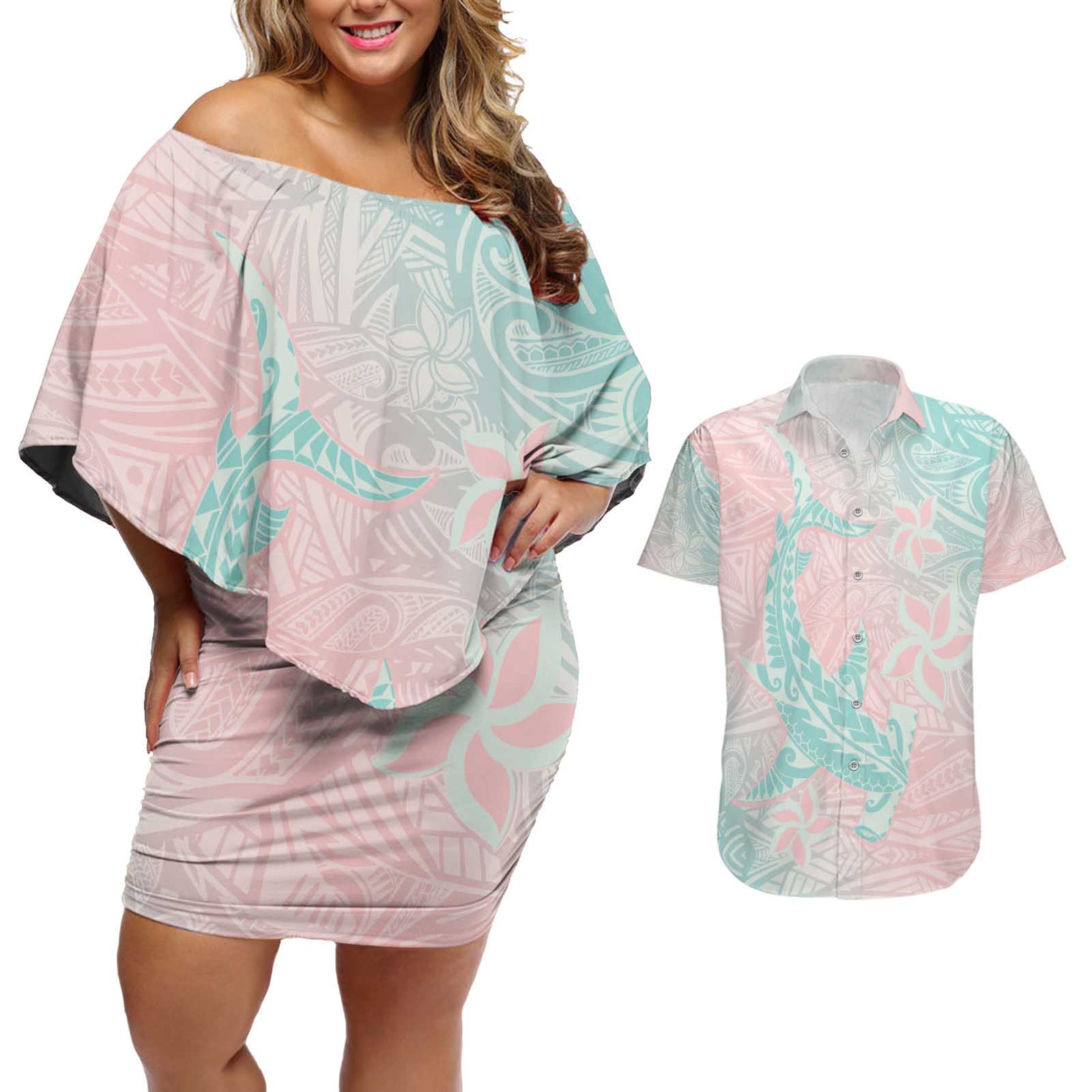 Baby Pink Gradient Polynesia Couples Matching Off Shoulder Short Dress and Hawaiian Shirt Hawaiian Tribal Hammerhead Shark Tattoo