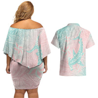 Baby Pink Gradient Polynesia Couples Matching Off Shoulder Short Dress and Hawaiian Shirt Hawaiian Tribal Hammerhead Shark Tattoo
