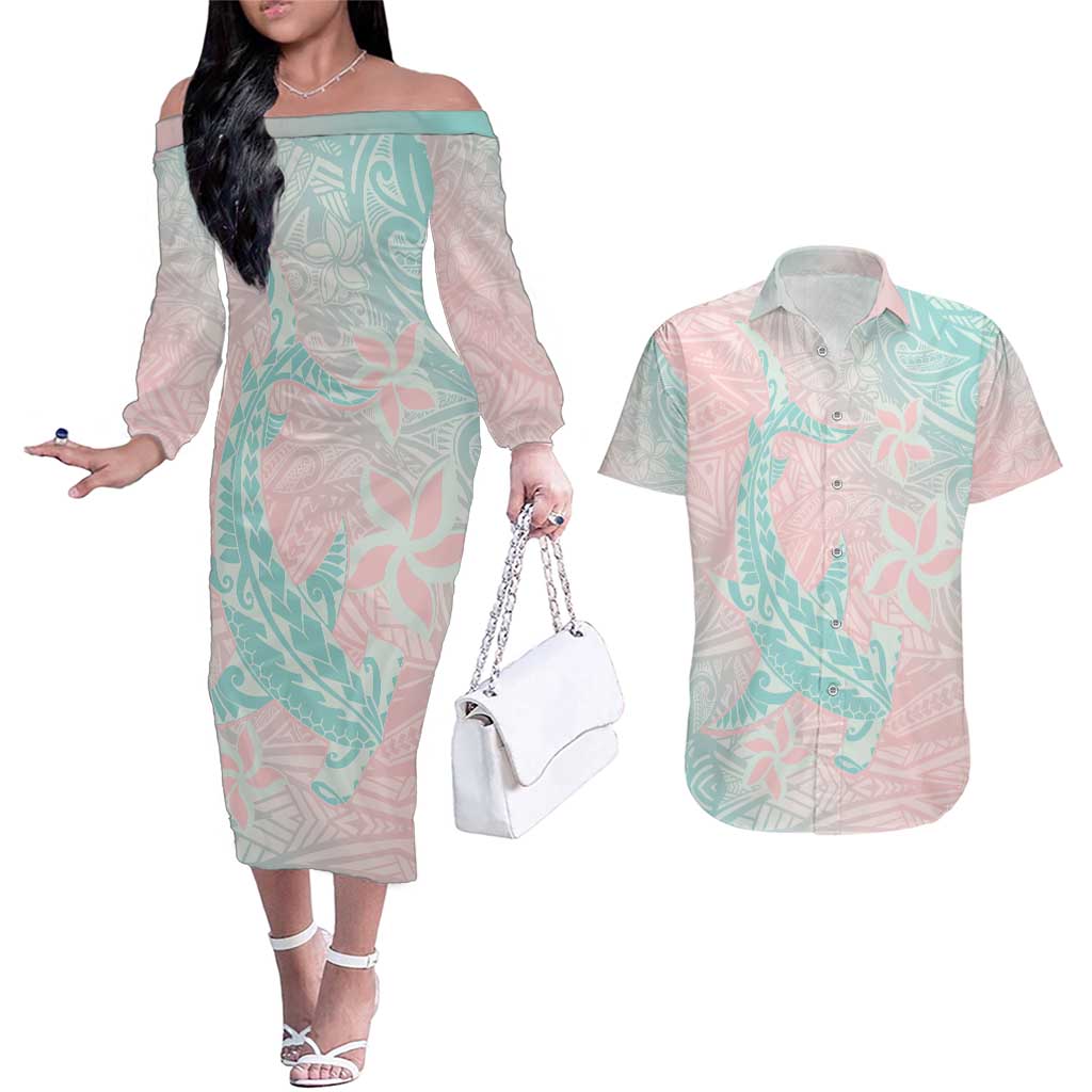Baby Pink Gradient Polynesia Couples Matching Off The Shoulder Long Sleeve Dress and Hawaiian Shirt Hawaiian Tribal Hammerhead Shark Tattoo