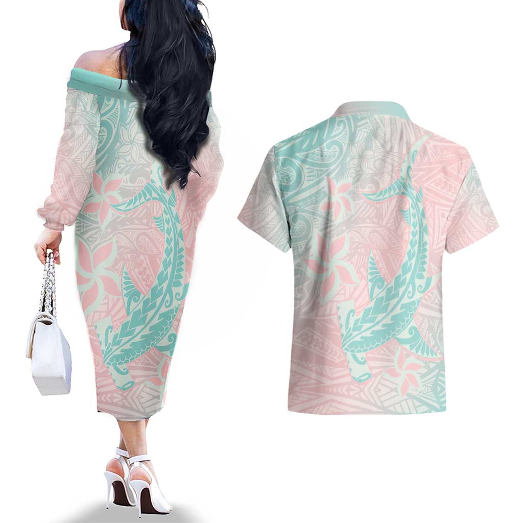 Baby Pink Gradient Polynesia Couples Matching Off The Shoulder Long Sleeve Dress and Hawaiian Shirt Hawaiian Tribal Hammerhead Shark Tattoo