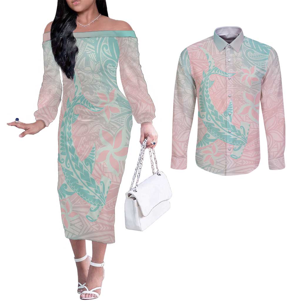 Baby Pink Gradient Polynesia Couples Matching Off The Shoulder Long Sleeve Dress and Long Sleeve Button Shirt Hawaiian Tribal Hammerhead Shark Tattoo
