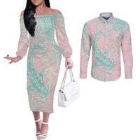 Baby Pink Gradient Polynesia Couples Matching Off The Shoulder Long Sleeve Dress and Long Sleeve Button Shirt Hawaiian Tribal Hammerhead Shark Tattoo