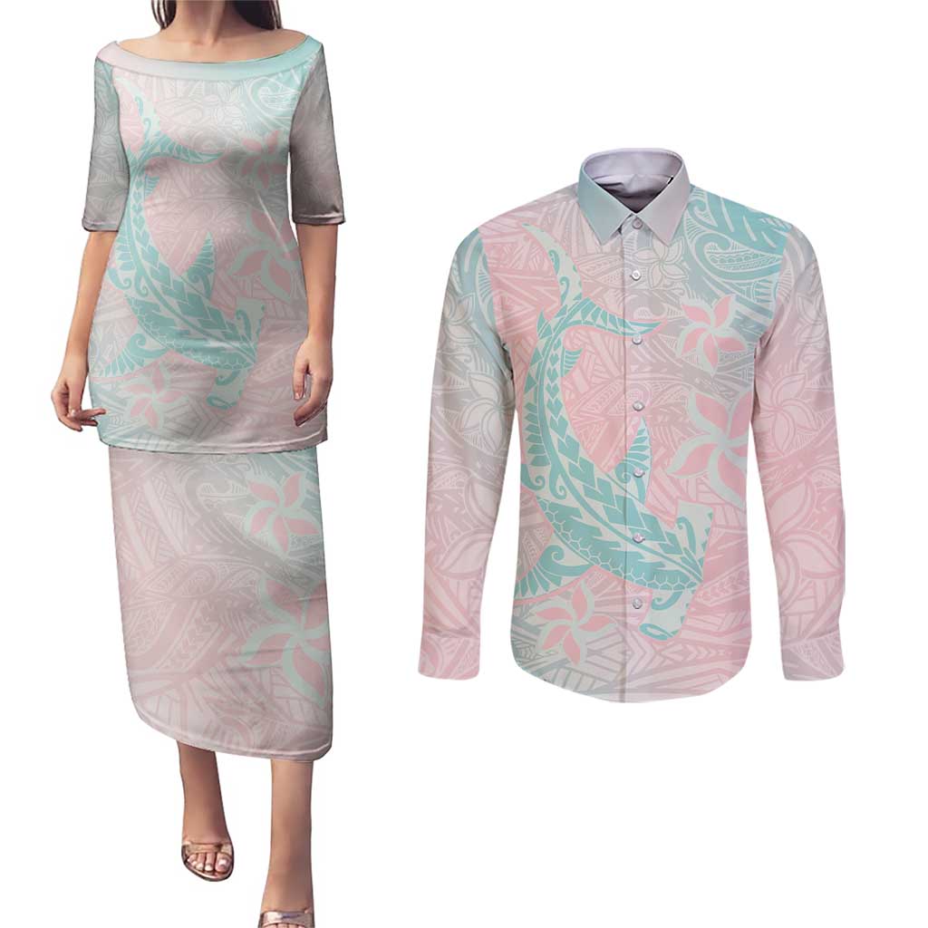 Baby Pink Gradient Polynesia Couples Matching Puletasi and Long Sleeve Button Shirt Hawaiian Tribal Hammerhead Shark Tattoo