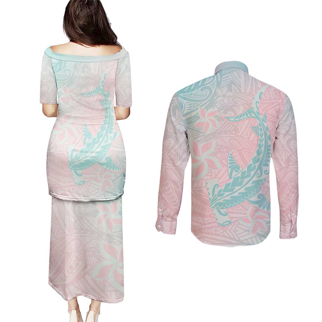 Baby Pink Gradient Polynesia Couples Matching Puletasi and Long Sleeve Button Shirt Hawaiian Tribal Hammerhead Shark Tattoo