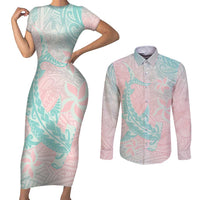 Baby Pink Gradient Polynesia Couples Matching Short Sleeve Bodycon Dress and Long Sleeve Button Shirt Hawaiian Tribal Hammerhead Shark Tattoo
