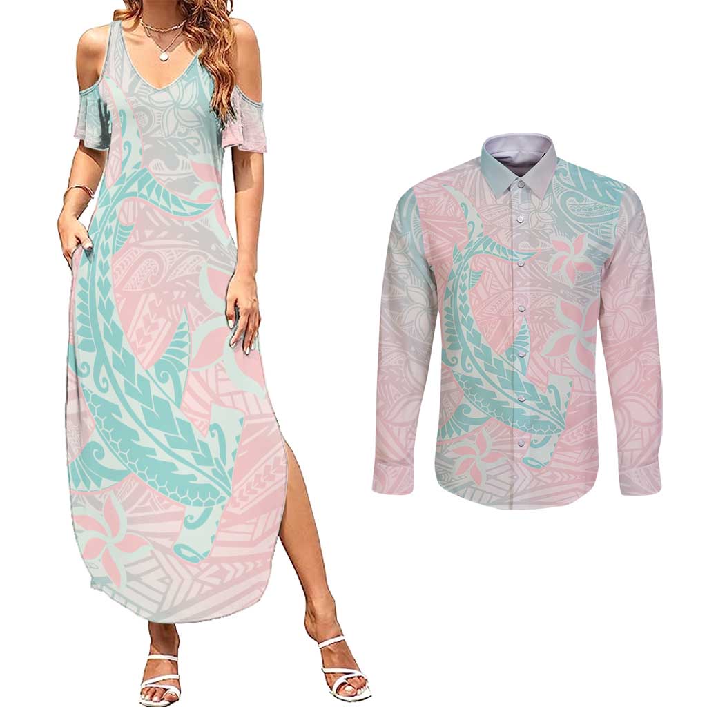 Baby Pink Gradient Polynesia Couples Matching Summer Maxi Dress and Long Sleeve Button Shirt Hawaiian Tribal Hammerhead Shark Tattoo