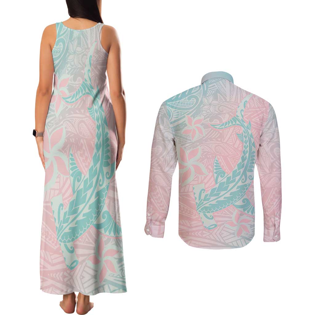 Baby Pink Gradient Polynesia Couples Matching Tank Maxi Dress and Long Sleeve Button Shirt Hawaiian Tribal Hammerhead Shark Tattoo