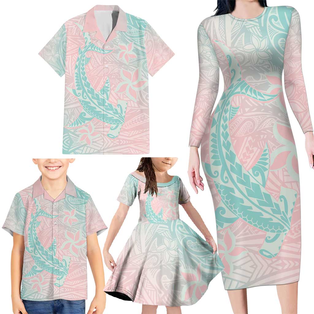 Baby Pink Gradient Polynesia Family Matching Long Sleeve Bodycon Dress and Hawaiian Shirt Hawaiian Tribal Hammerhead Shark Tattoo LT14 - Polynesian Pride