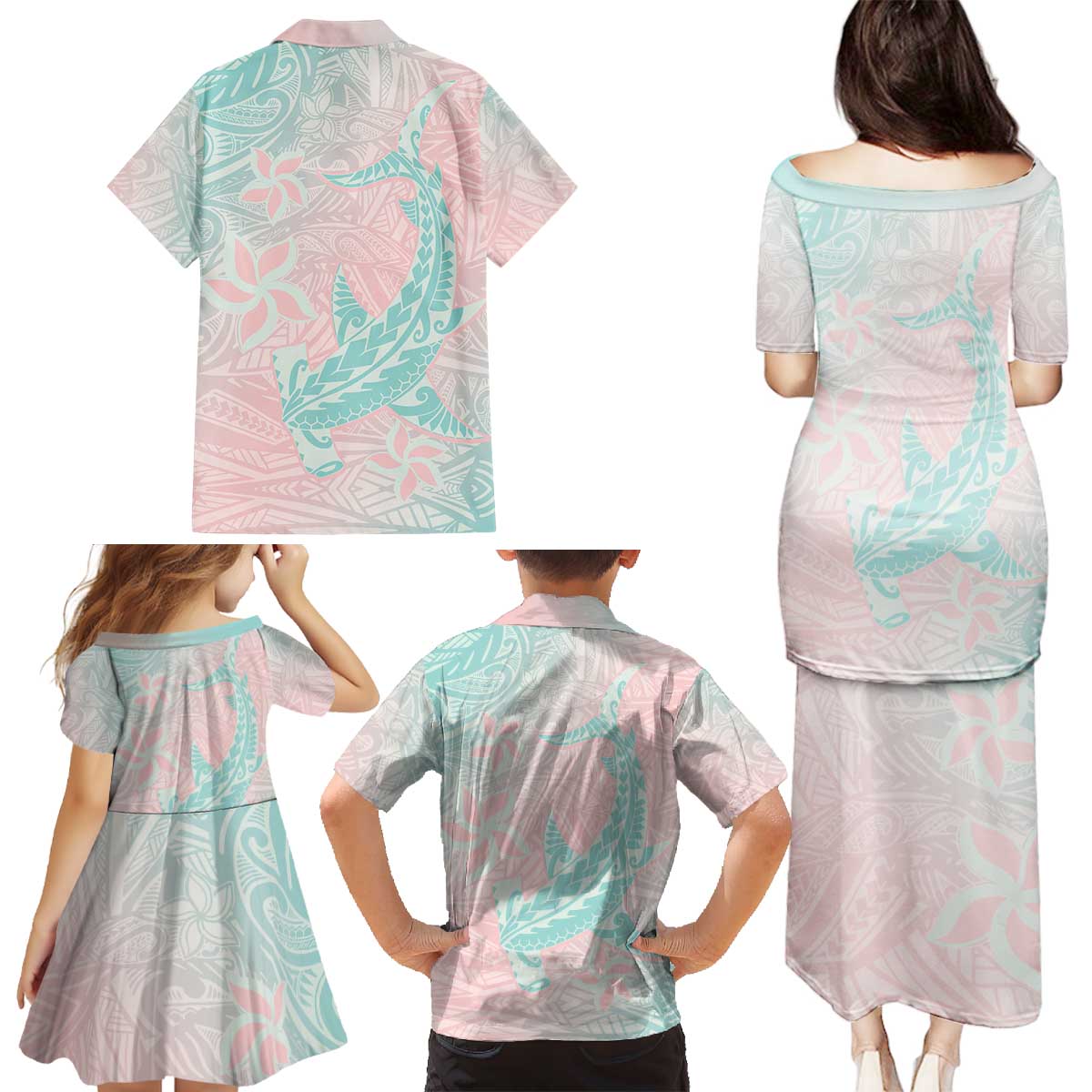 Baby Pink Gradient Polynesia Family Matching Puletasi and Hawaiian Shirt Hawaiian Tribal Hammerhead Shark Tattoo LT14 - Polynesian Pride