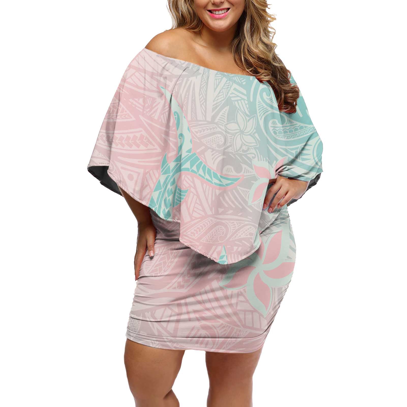 Baby Pink Gradient Polynesia Off Shoulder Short Dress Hawaiian Tribal Hammerhead Shark Tattoo