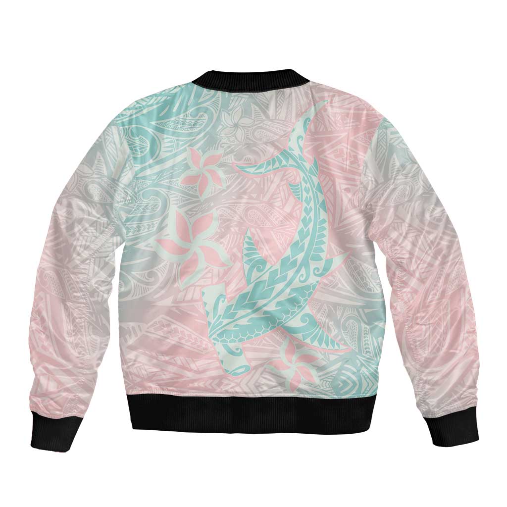 Baby Pink Gradient Polynesia Sleeve Zip Bomber Jacket Hawaiian Tribal Hammerhead Shark Tattoo