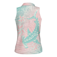 Baby Pink Gradient Polynesia Women Sleeveless Polo Shirt Hawaiian Tribal Hammerhead Shark Tattoo
