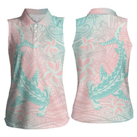 Baby Pink Gradient Polynesia Women Sleeveless Polo Shirt Hawaiian Tribal Hammerhead Shark Tattoo