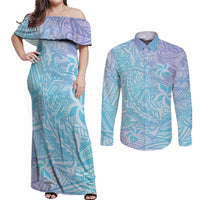 Baby Blue Gradient Polynesia Couples Matching Off Shoulder Maxi Dress and Long Sleeve Button Shirt Hawaiian Tribal Hammerhead Shark Tattoo