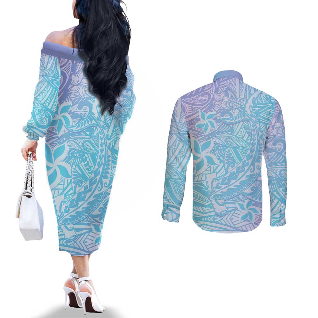 Baby Blue Gradient Polynesia Couples Matching Off The Shoulder Long Sleeve Dress and Long Sleeve Button Shirt Hawaiian Tribal Hammerhead Shark Tattoo