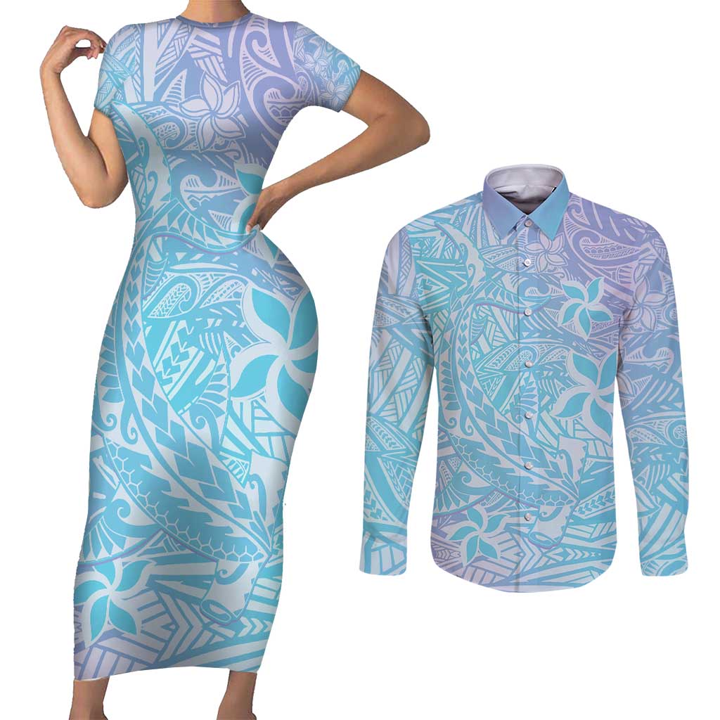 Baby Blue Gradient Polynesia Couples Matching Short Sleeve Bodycon Dress and Long Sleeve Button Shirt Hawaiian Tribal Hammerhead Shark Tattoo