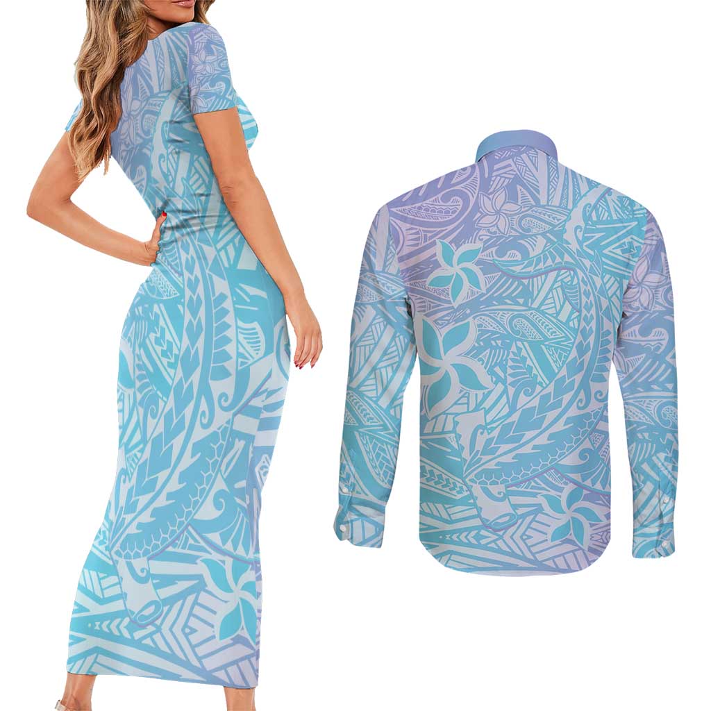 Baby Blue Gradient Polynesia Couples Matching Short Sleeve Bodycon Dress and Long Sleeve Button Shirt Hawaiian Tribal Hammerhead Shark Tattoo