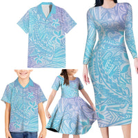 Baby Blue Gradient Polynesia Family Matching Long Sleeve Bodycon Dress and Hawaiian Shirt Hawaiian Tribal Hammerhead Shark Tattoo LT14 - Polynesian Pride