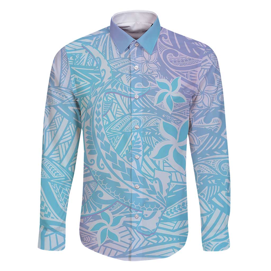 Baby Blue Gradient Polynesia Family Matching Mermaid Dress and Hawaiian Shirt Hawaiian Tribal Hammerhead Shark Tattoo LT14 Dad's Shirt - Long Sleeve Baby Blue - Polynesian Pride