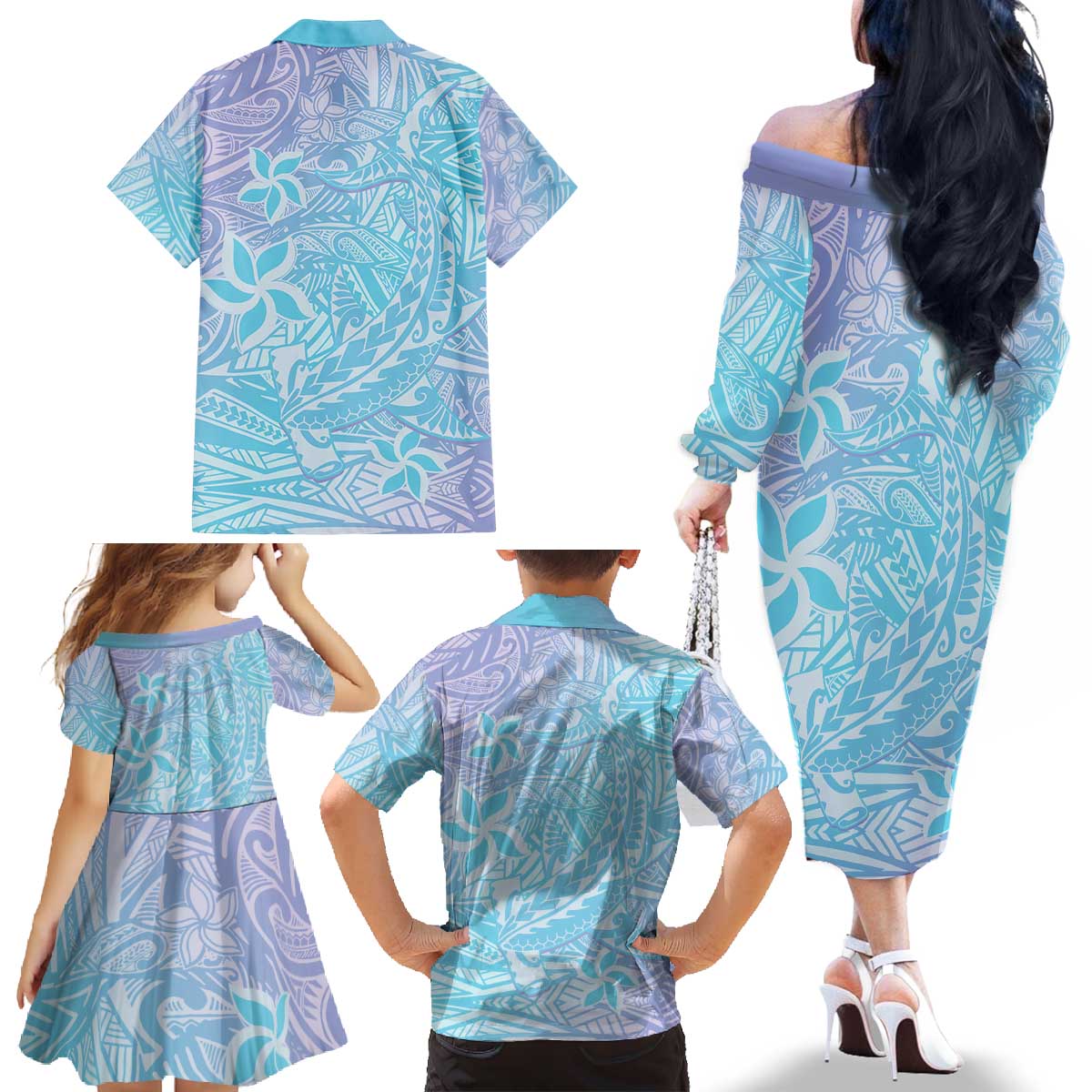 Baby Blue Gradient Polynesia Family Matching Off The Shoulder Long Sleeve Dress and Hawaiian Shirt Hawaiian Tribal Hammerhead Shark Tattoo