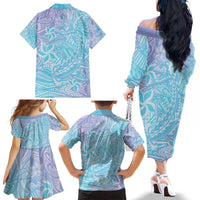 Baby Blue Gradient Polynesia Family Matching Off The Shoulder Long Sleeve Dress and Hawaiian Shirt Hawaiian Tribal Hammerhead Shark Tattoo