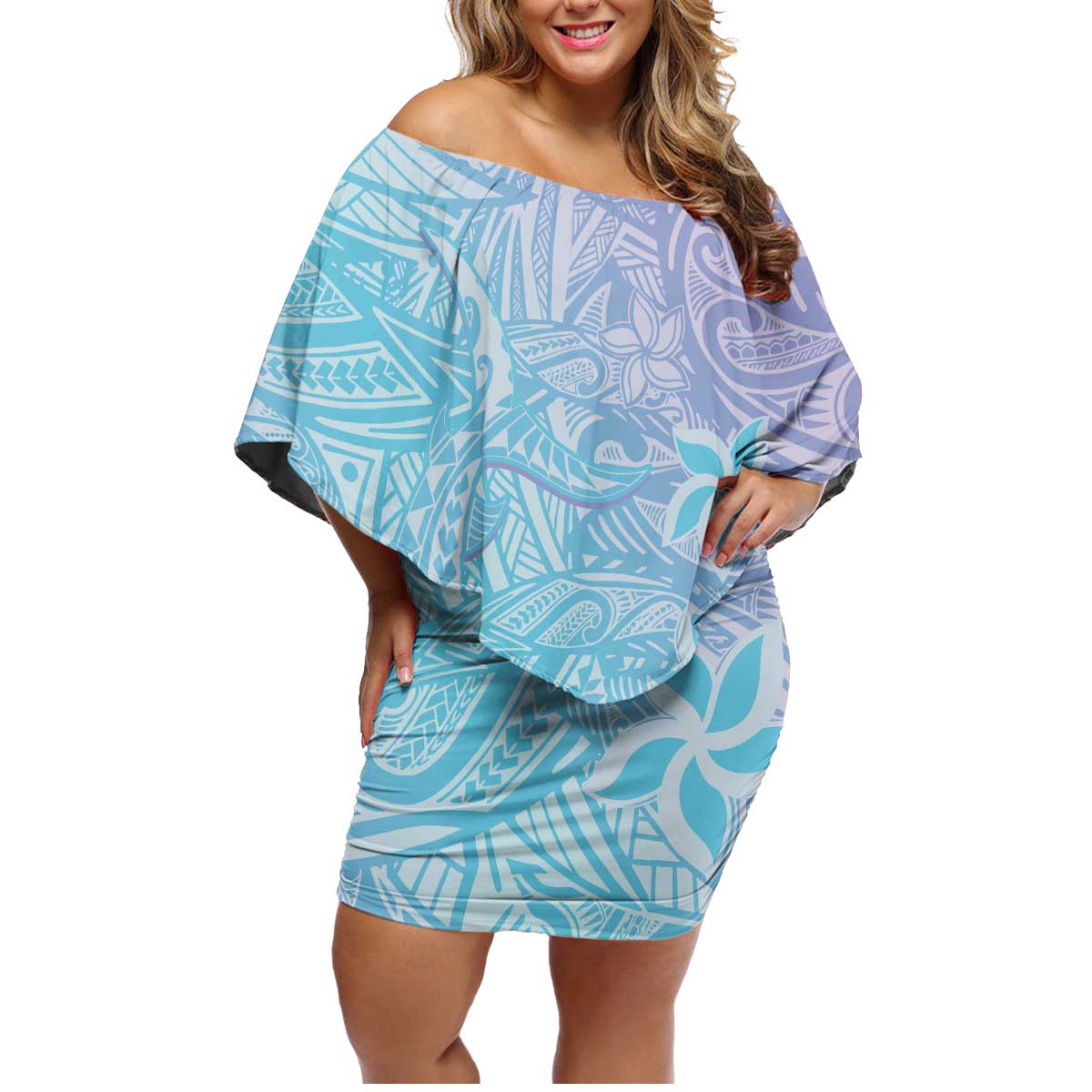 Baby Blue Gradient Polynesia Family Matching Off Shoulder Short Dress and Hawaiian Shirt Hawaiian Tribal Hammerhead Shark Tattoo