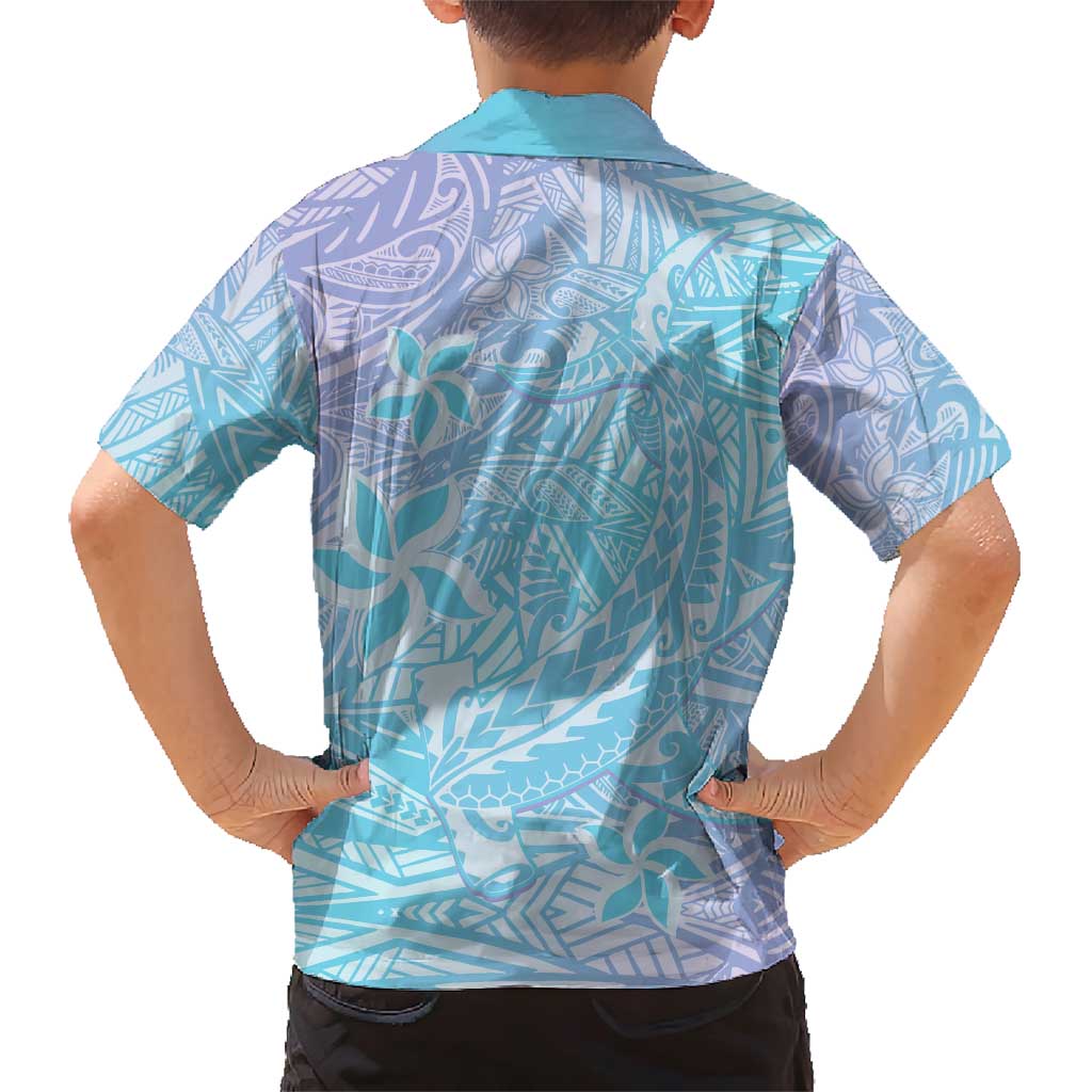 Baby Blue Gradient Polynesia Family Matching Short Sleeve Bodycon Dress and Hawaiian Shirt Hawaiian Tribal Hammerhead Shark Tattoo LT14 - Polynesian Pride