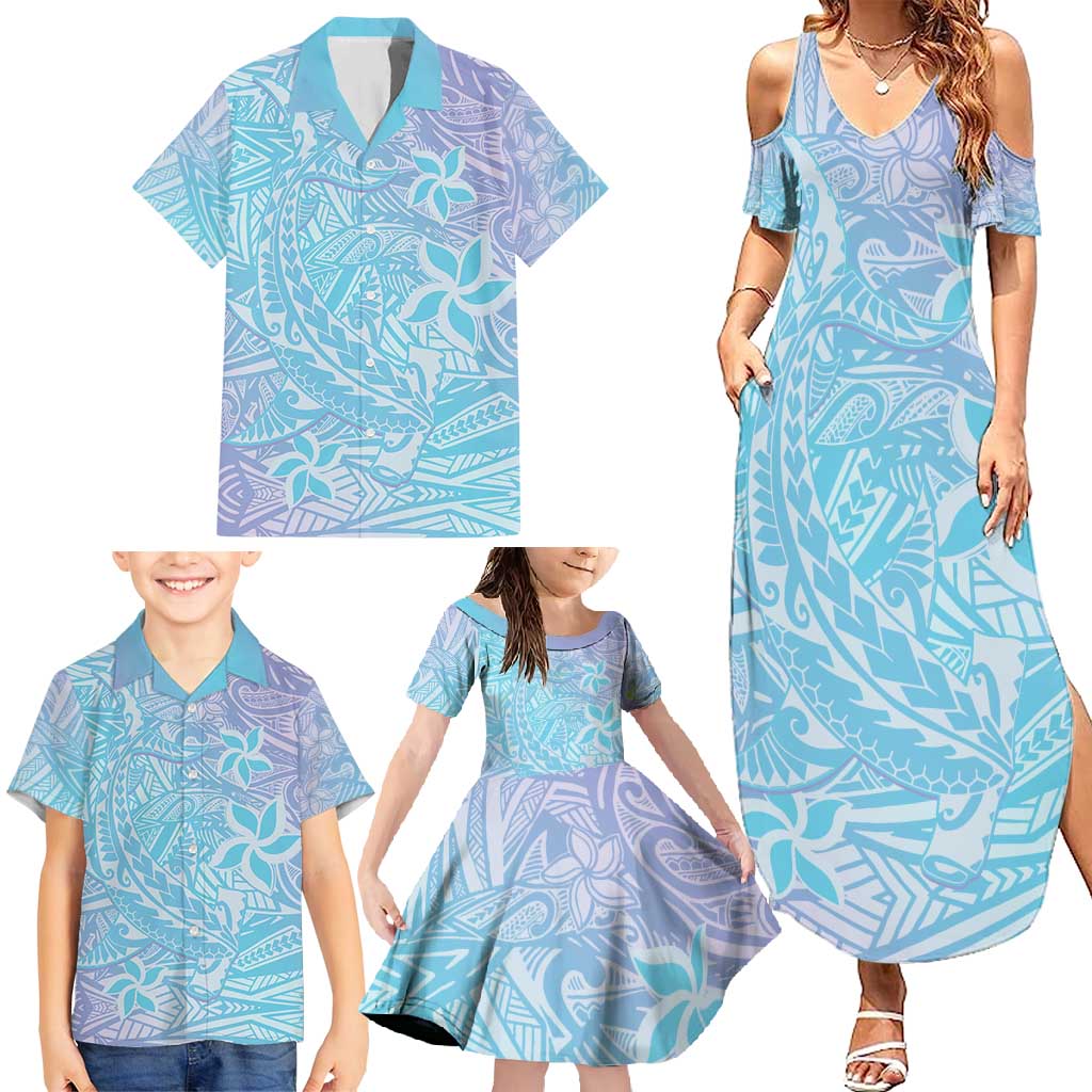Baby Blue Gradient Polynesia Family Matching Summer Maxi Dress and Hawaiian Shirt Hawaiian Tribal Hammerhead Shark Tattoo LT14 - Polynesian Pride
