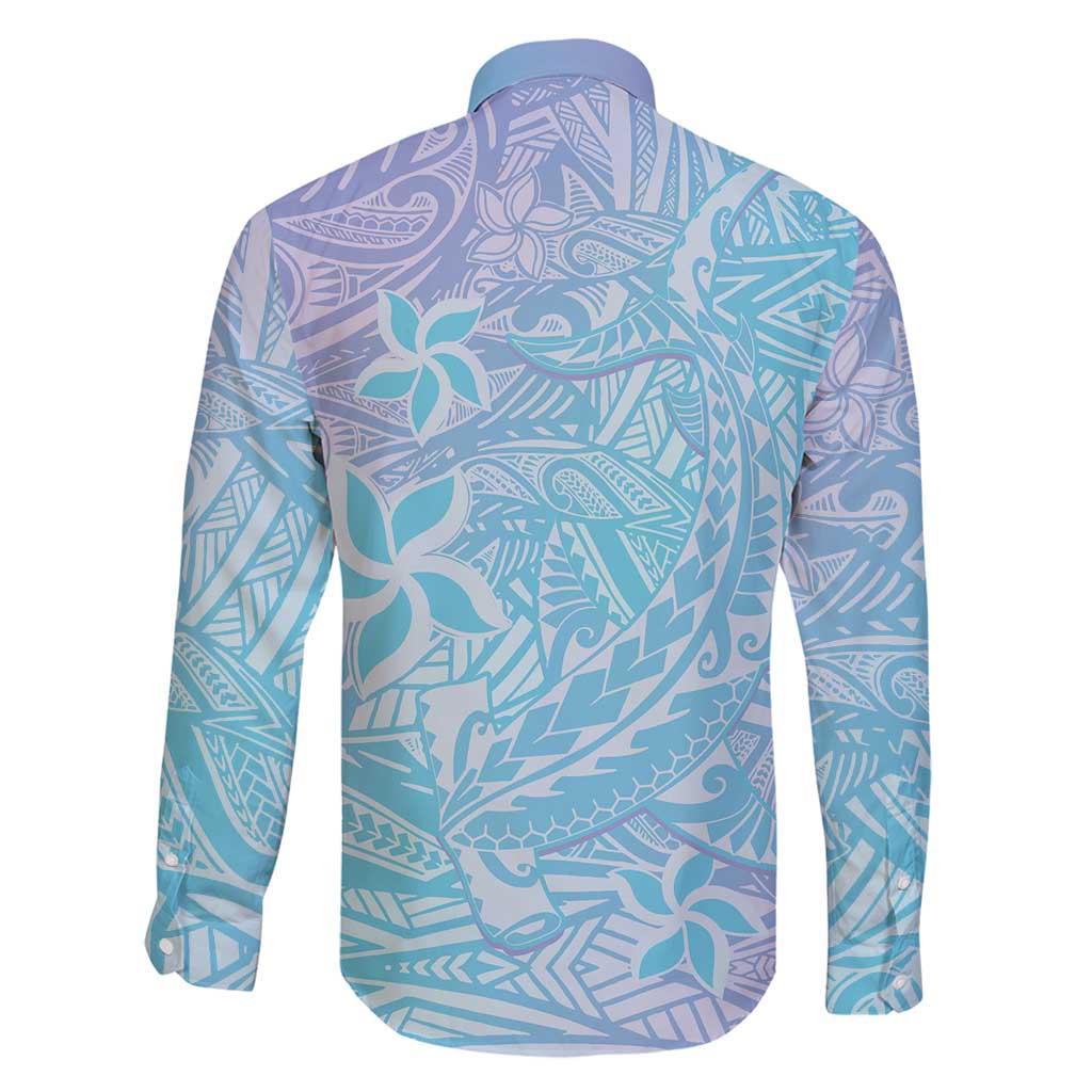 Baby Blue Gradient Polynesia Family Matching Summer Maxi Dress and Hawaiian Shirt Hawaiian Tribal Hammerhead Shark Tattoo LT14 - Polynesian Pride