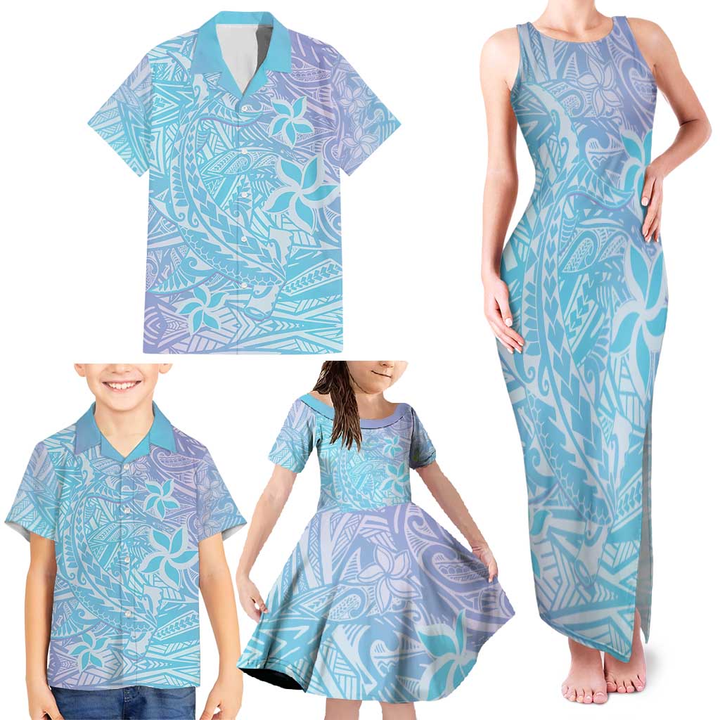 Baby Blue Gradient Polynesia Family Matching Tank Maxi Dress and Hawaiian Shirt Hawaiian Tribal Hammerhead Shark Tattoo